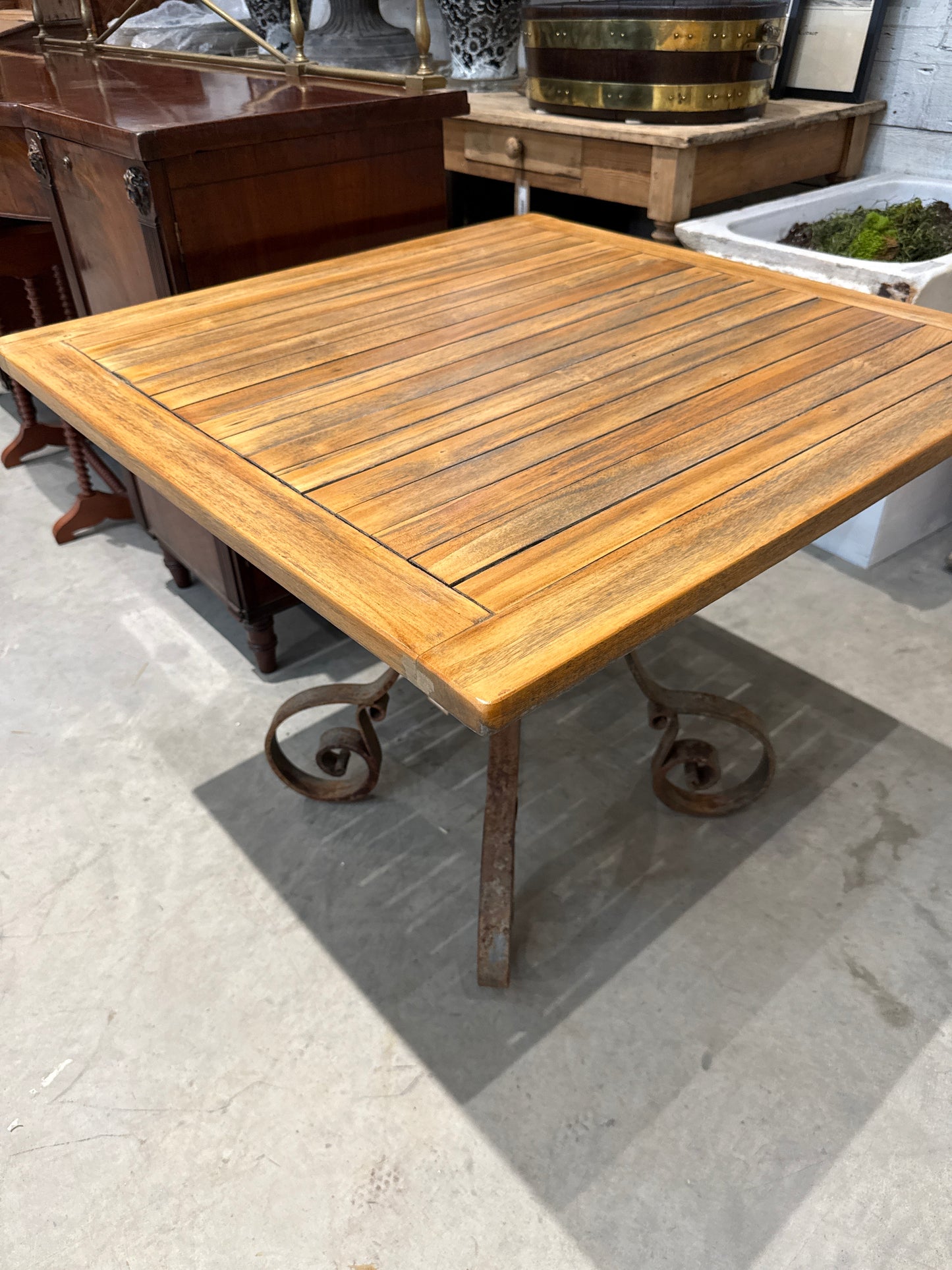 Wood Slatted Square Table with Scrolled Iron Base