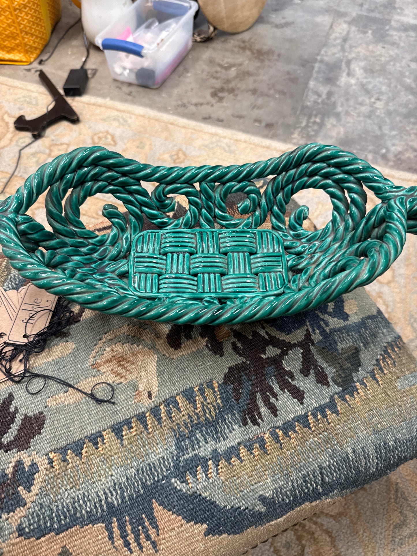 Mid-Century Italian Green Glazed Ropeware Basket in the Style of Capodimonte
