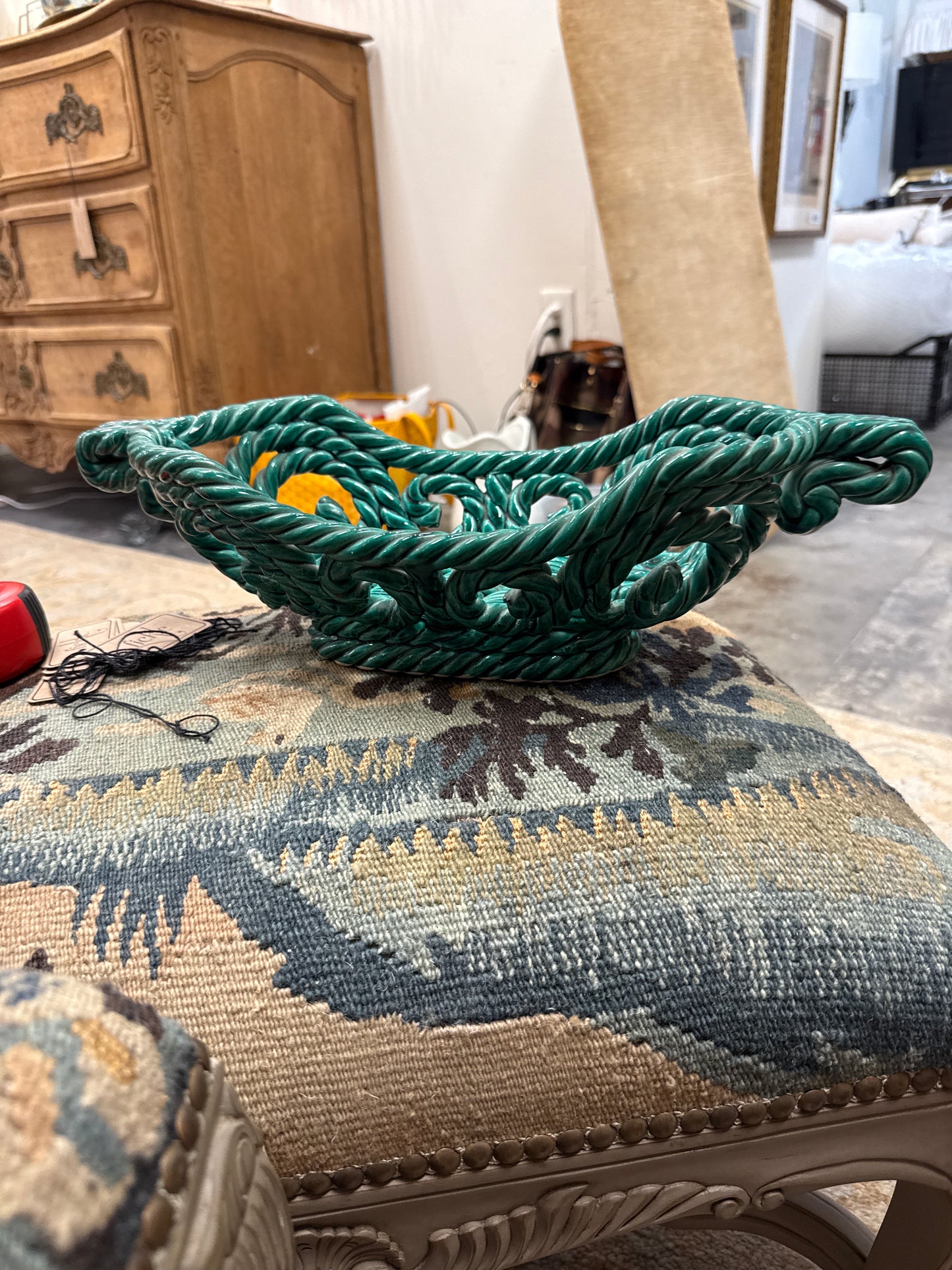 Mid-Century Italian Green Glazed Ropeware Basket in the Style of Capodimonte