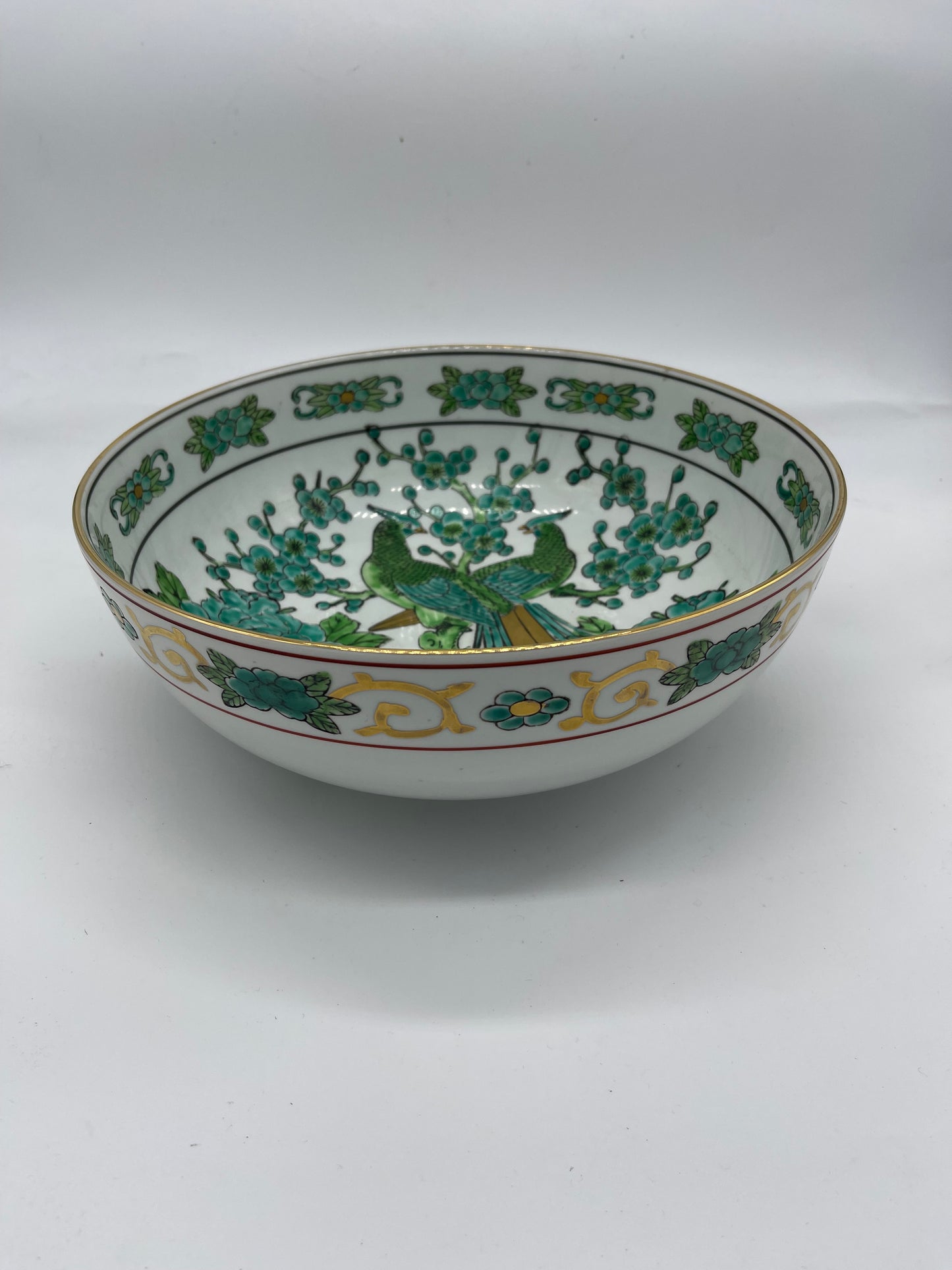 Mid-Century Japanese Gold Imari Green & Gold Porcelain Double Peacock Hand Painted Serving Bowl