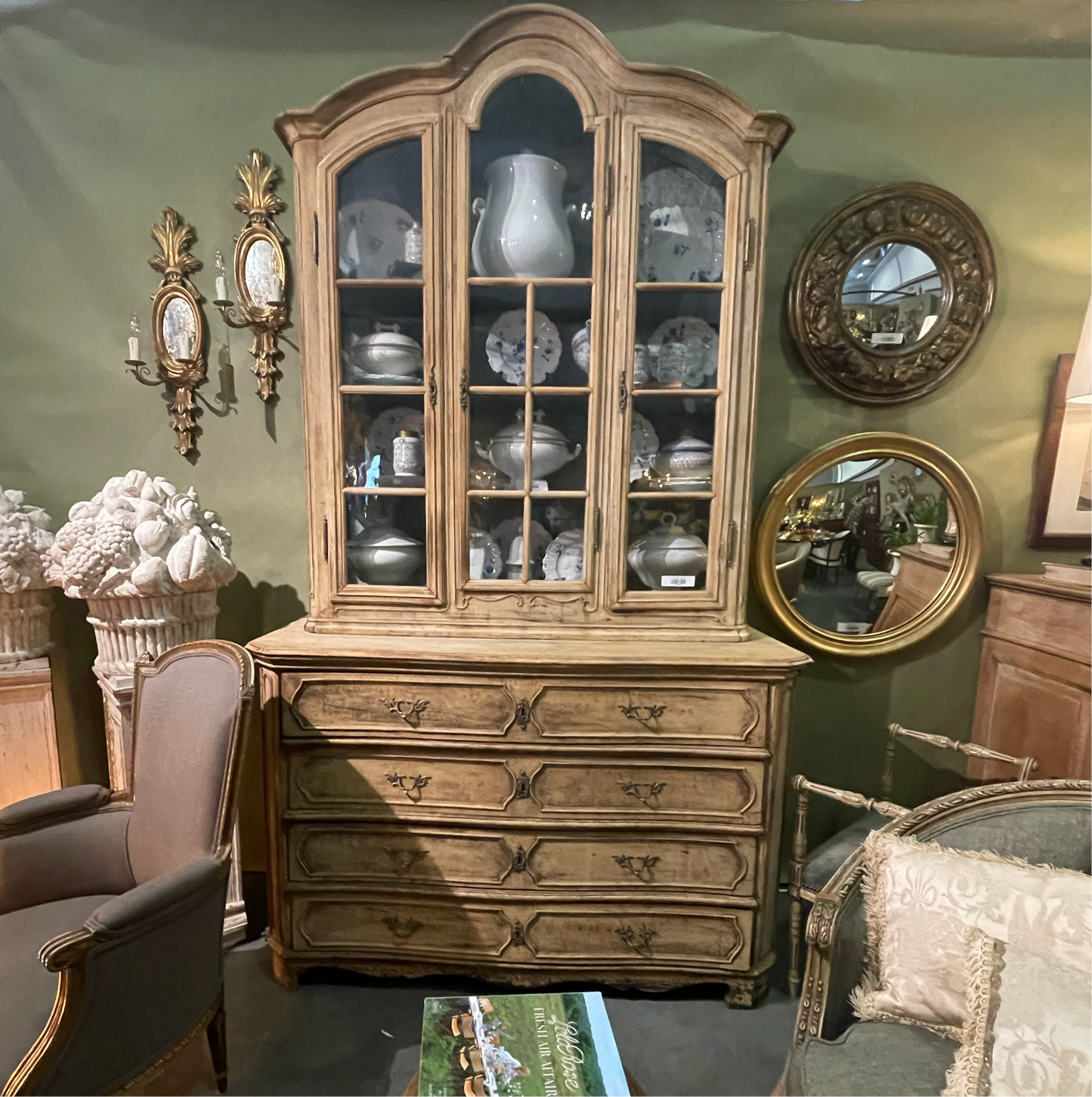 19th Century French Hutch with Glass Doors 3 Drawers with Brass Handles Blue Inside