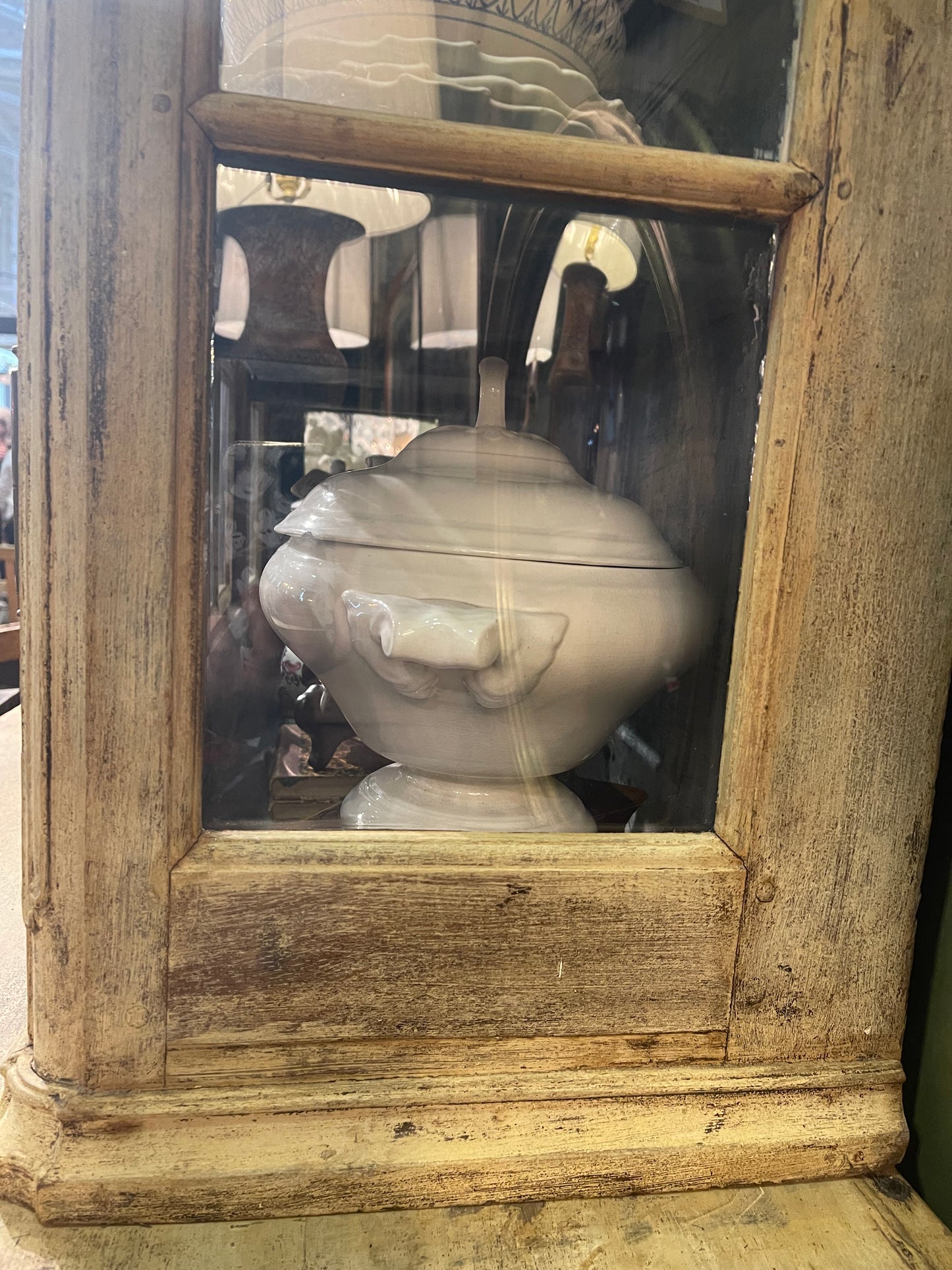 19th Century French Hutch with Glass Doors 3 Drawers with Brass Handles Blue Inside