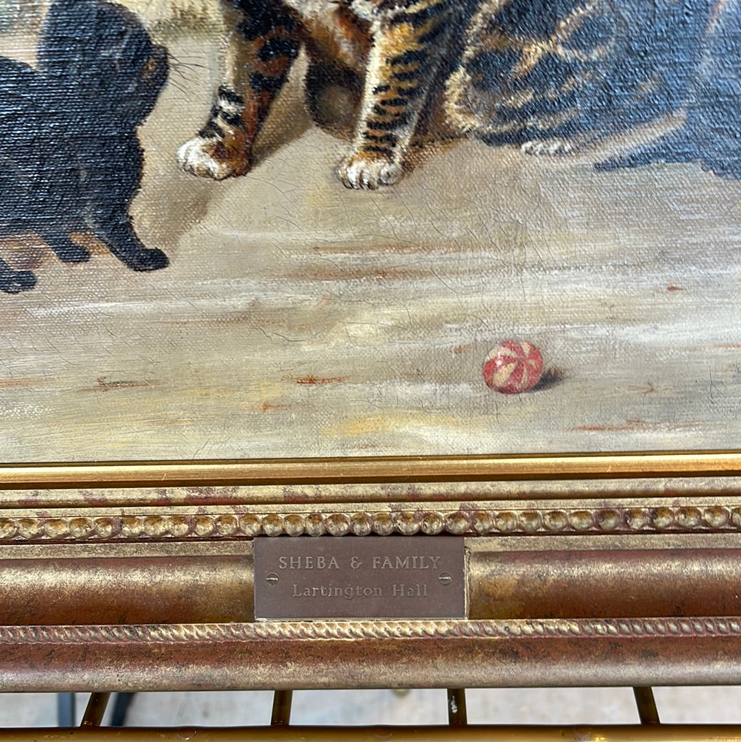 Oil on Canvas Cat with Kittens and Ball: "Sheba and Family"