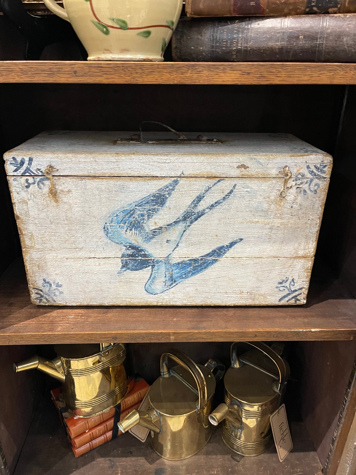 Blue and White Painted Bird Wooden Trunk