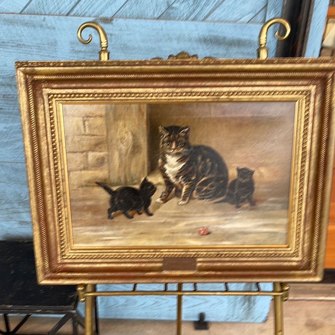 Oil on Canvas Cat with Kittens and Ball: "Sheba and Family"