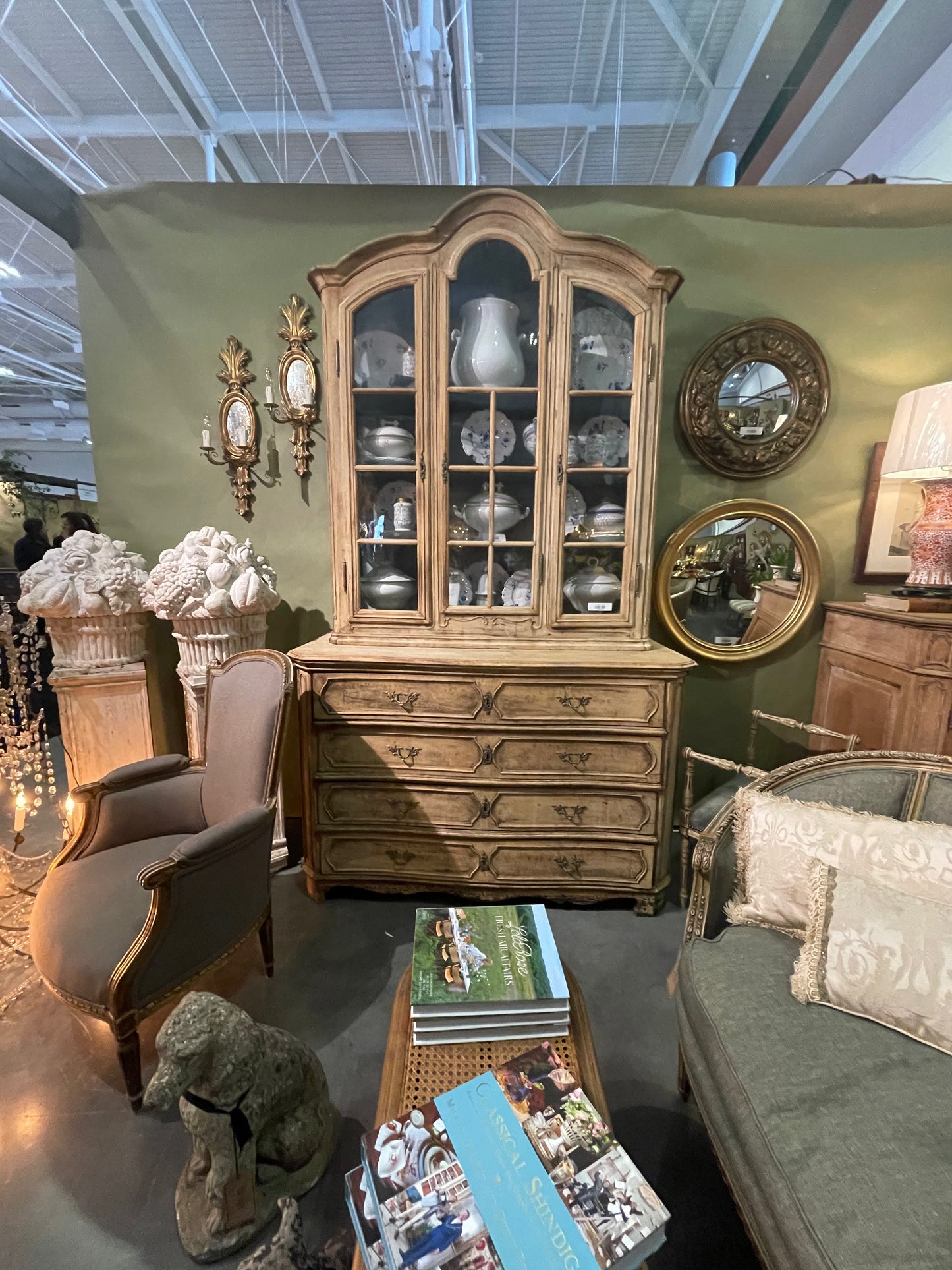 19th Century French Hutch with Glass Doors 3 Drawers with Brass Handles Blue Inside