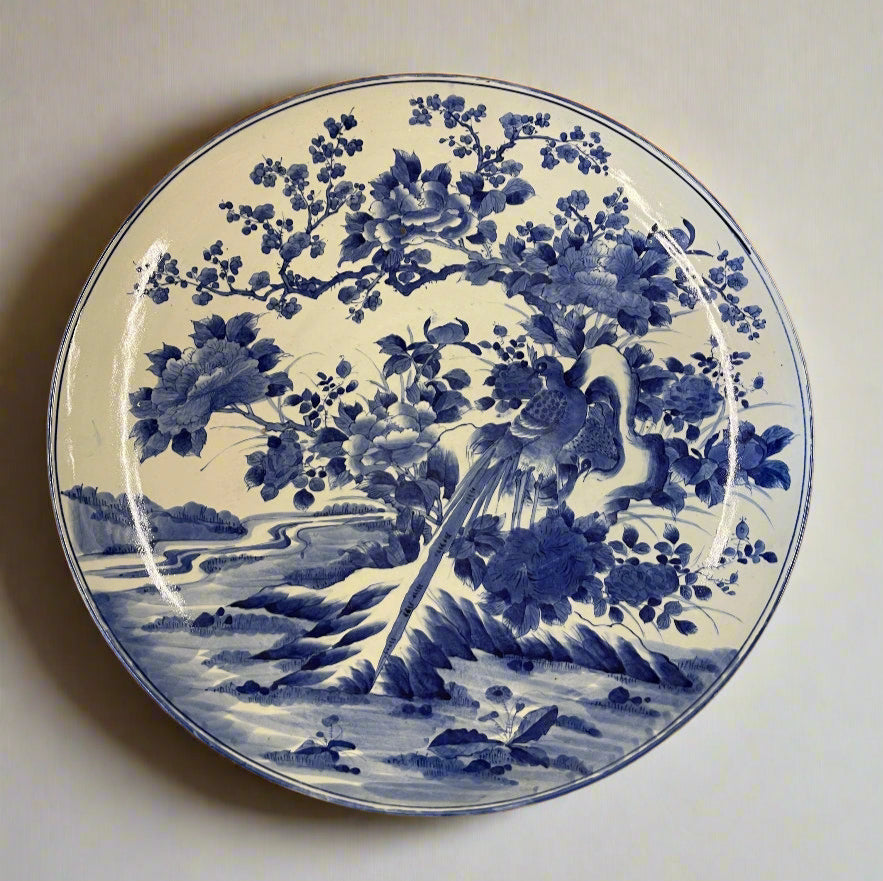 Blue and White 19th Century Imari 24" Charger with Bird and Floral Motif