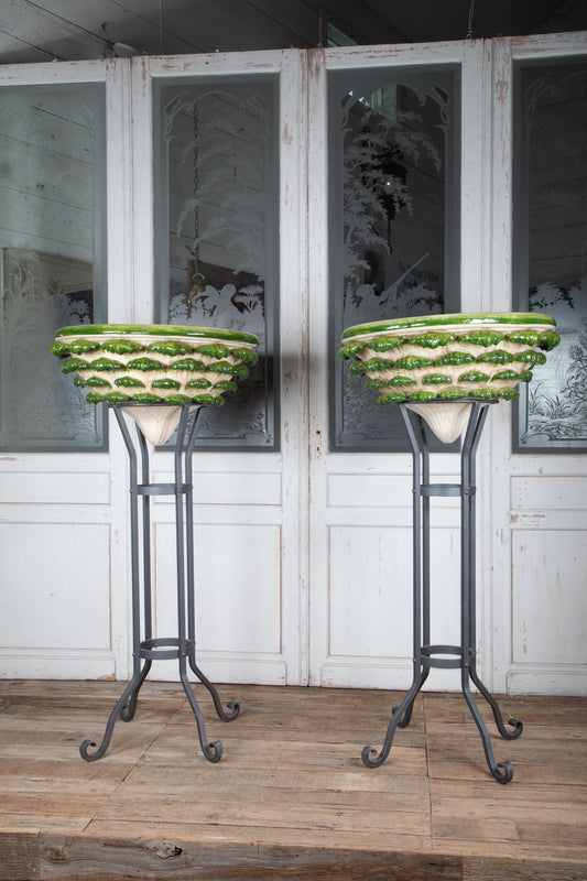 Pair of Majolica Jardiniere on Tall Metal Stands