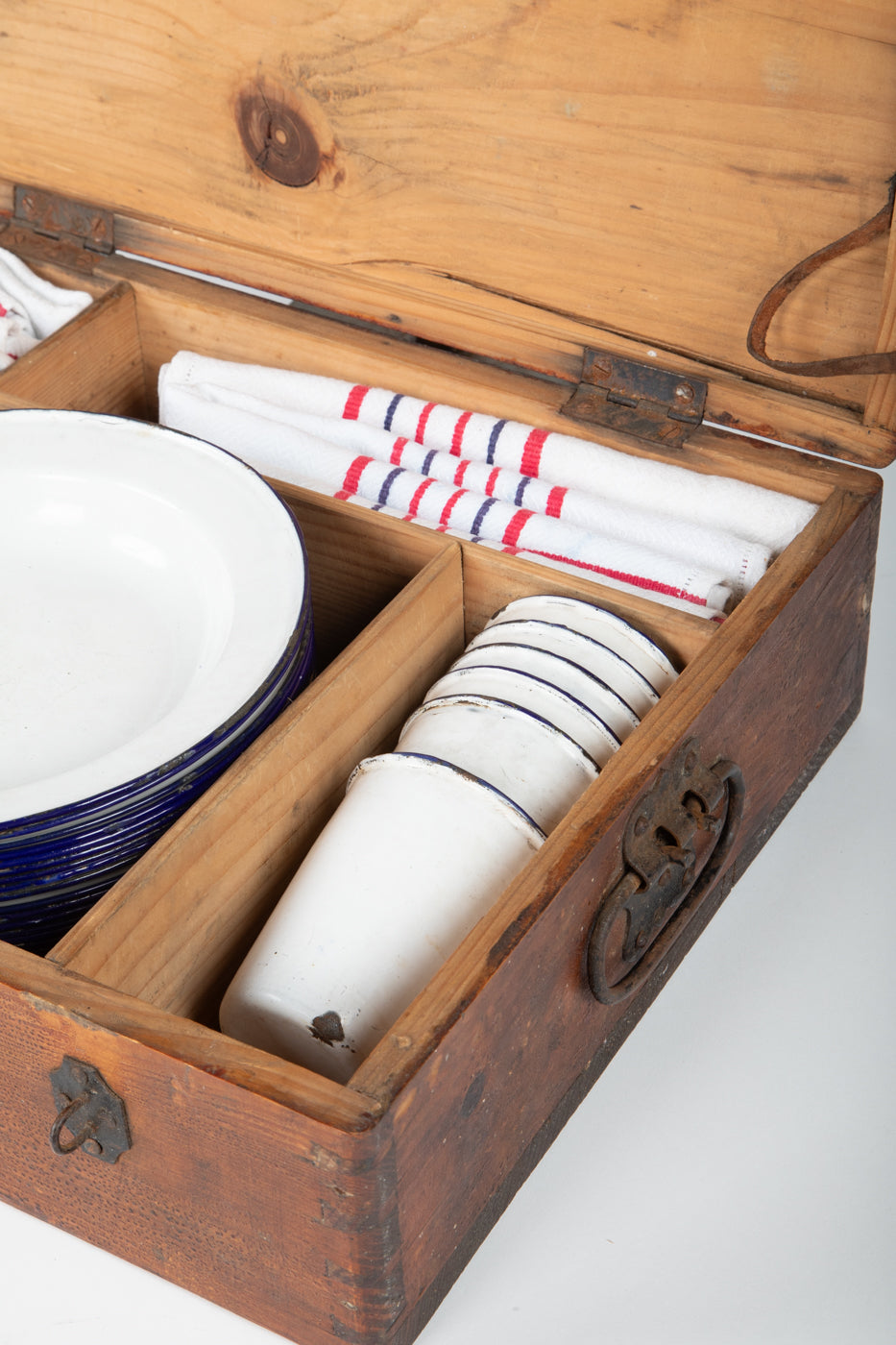 French Picnic Basket with Enamel Plates and Mugs