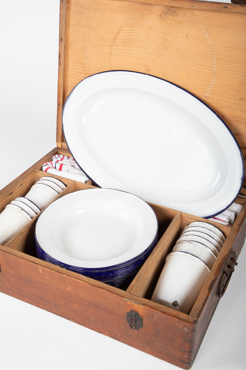 French Picnic Basket with Enamel Plates and Mugs