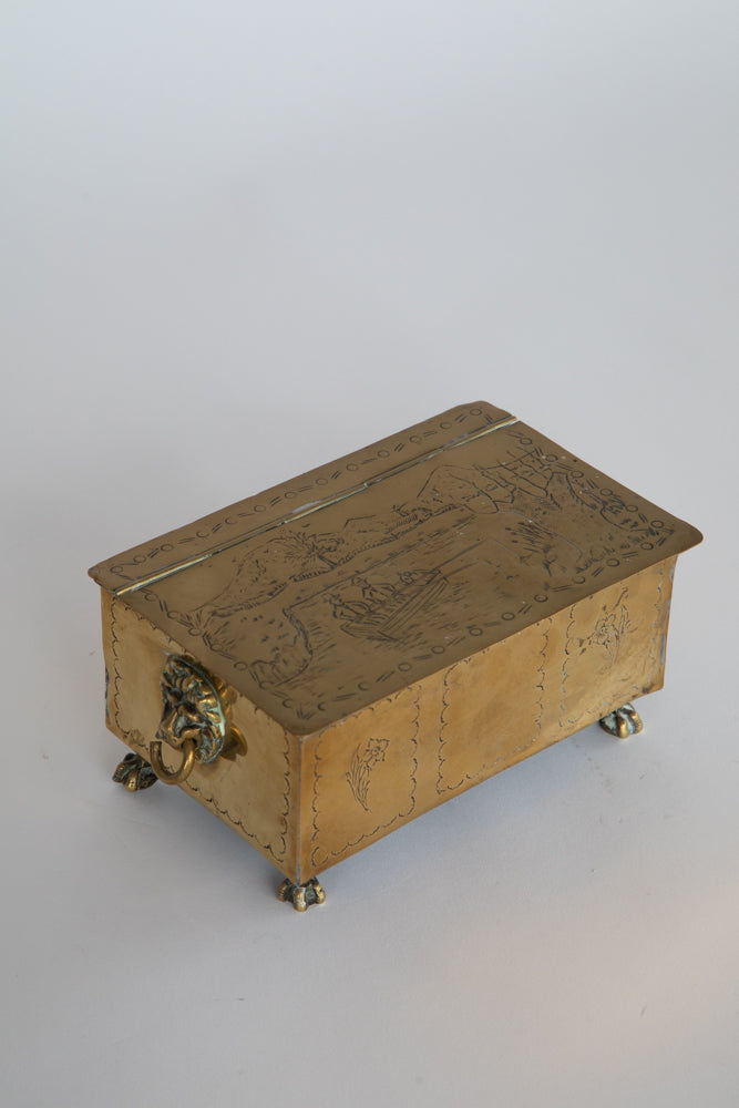 Brass Box - Hinged Lid and Detailed Carvings Lion with Ring Through Mouth on Each Side