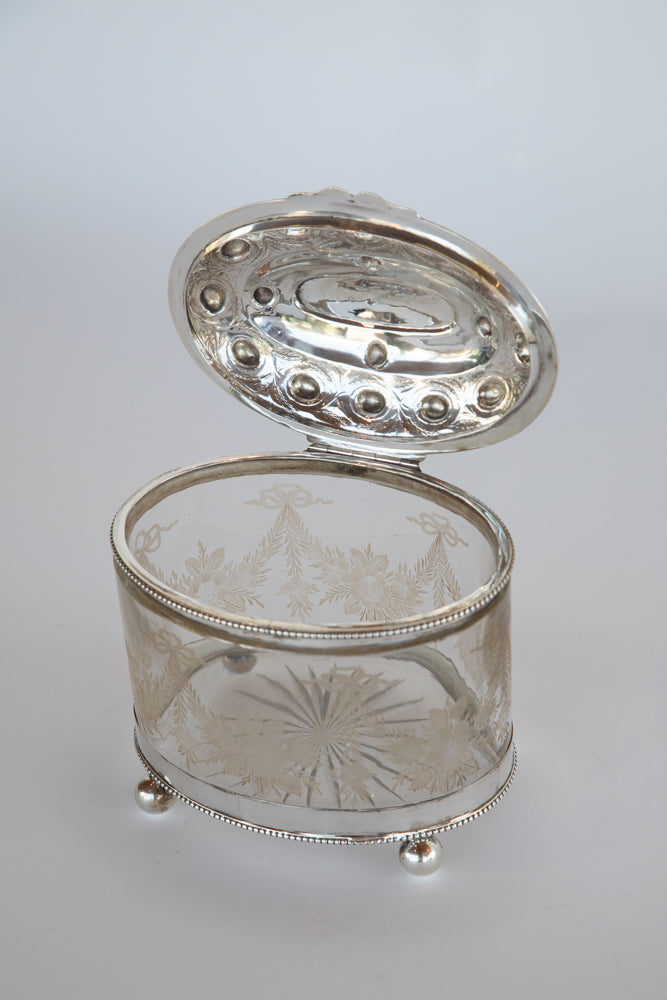 Glass and Silver Biscuit Box with Queen Victoria Stamp