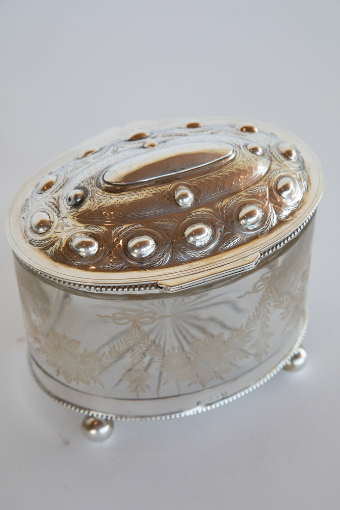 Glass and Silver Biscuit Box with Queen Victoria Stamp