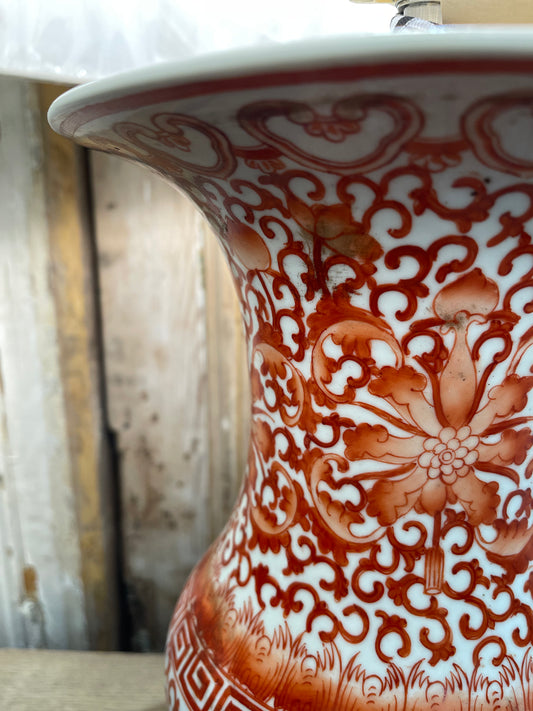 Chinese orange and white porcelain yen yen vase lamp - The White Barn Antiques